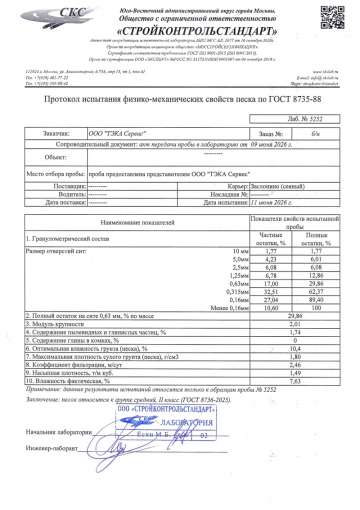Протокол испытаний на песок сеяный (карьер Заслонино)